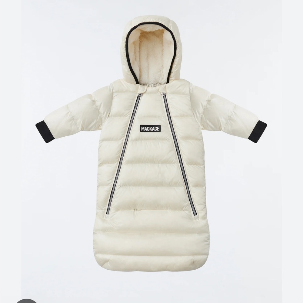 Authentic Mackage cream baby Allie down bunting snowsuit with a matching hanger